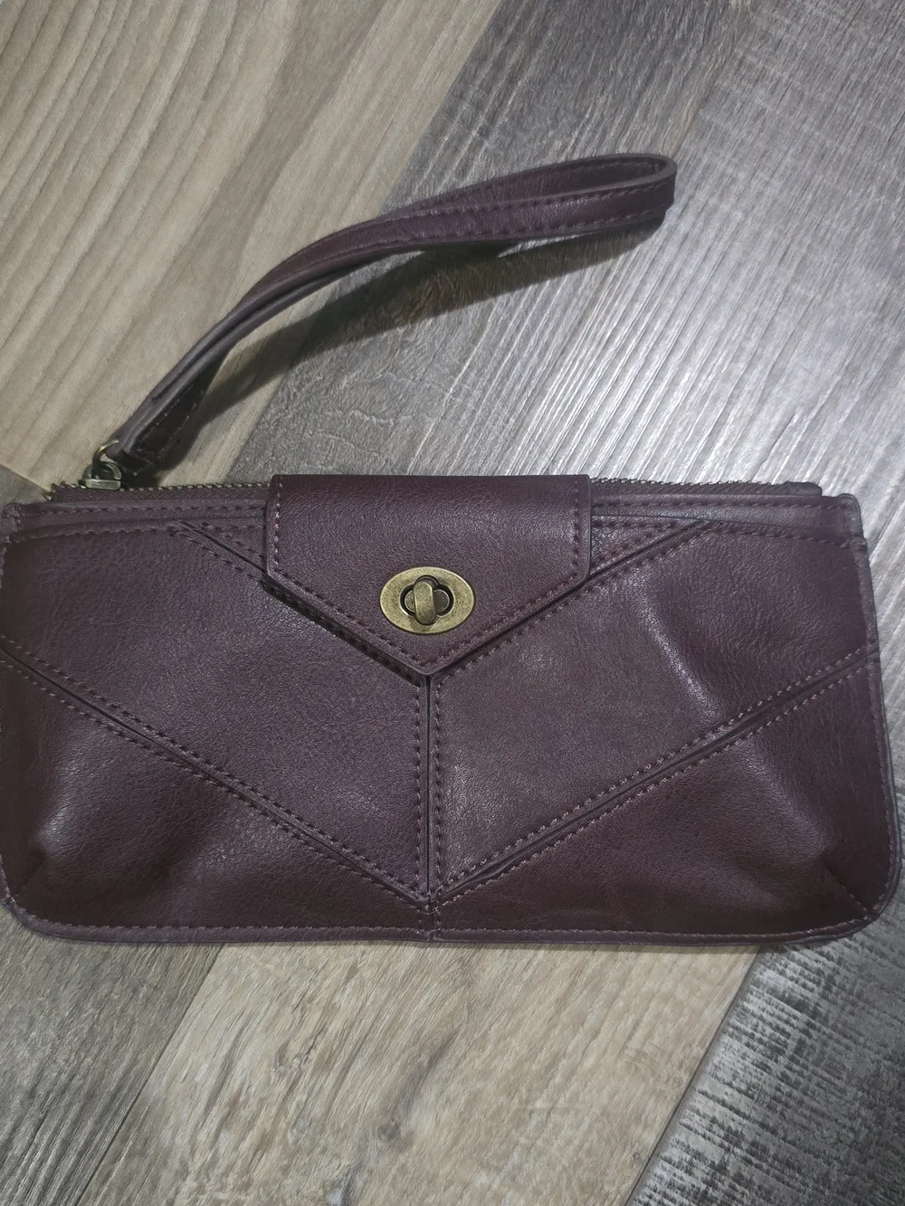 Plum Leather Wristlet Clutch with Turn-Lock Closure